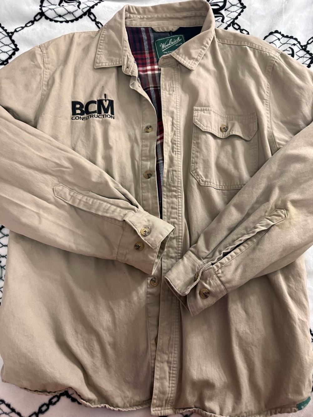 Woolrich Khaki Beige Workwear Jacket with Plaid Lining